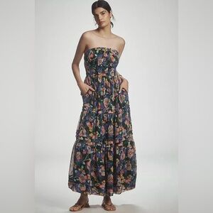 Strapless Floral Tiered Maxi Dress - Black Multi
